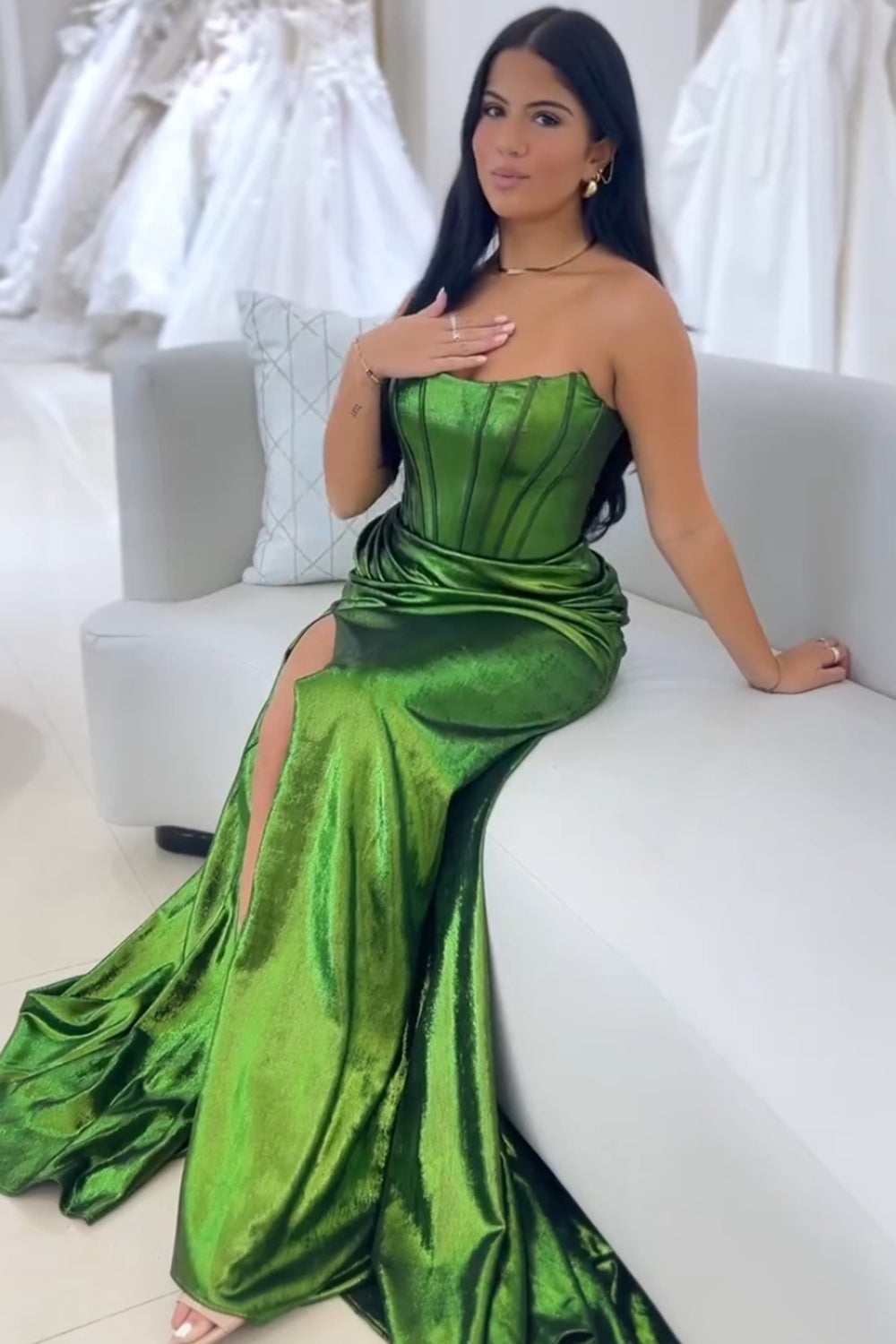 Dark Green Strapless Mermaid Ruched Long Corset Prom Dress with Slit