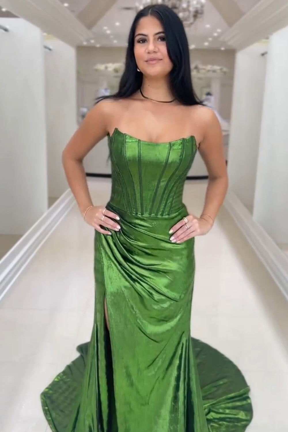 Dark Green Strapless Mermaid Ruched Long Corset Prom Dress with Slit