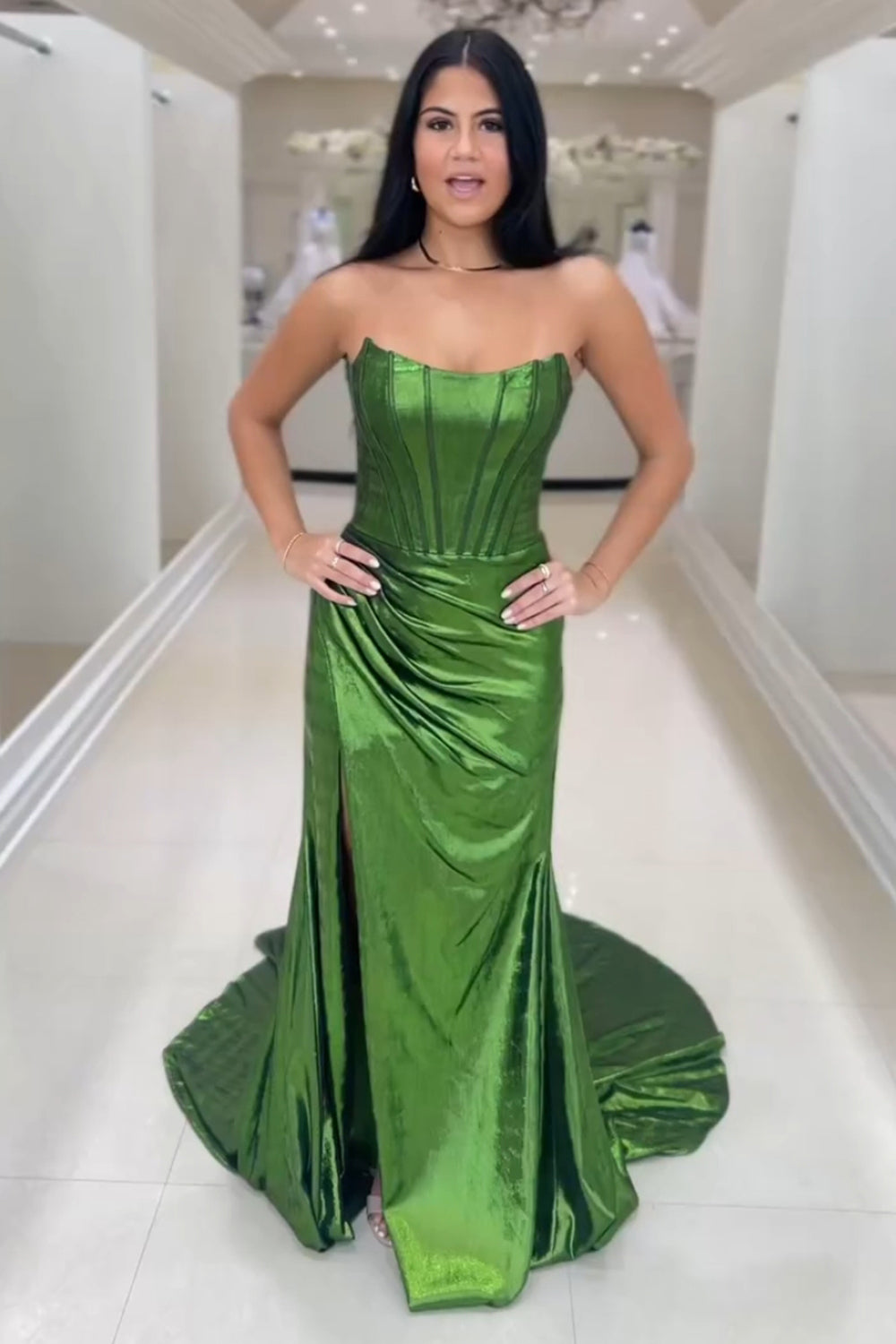 Dark Green Strapless Mermaid Ruched Long Corset Prom Dress with Slit