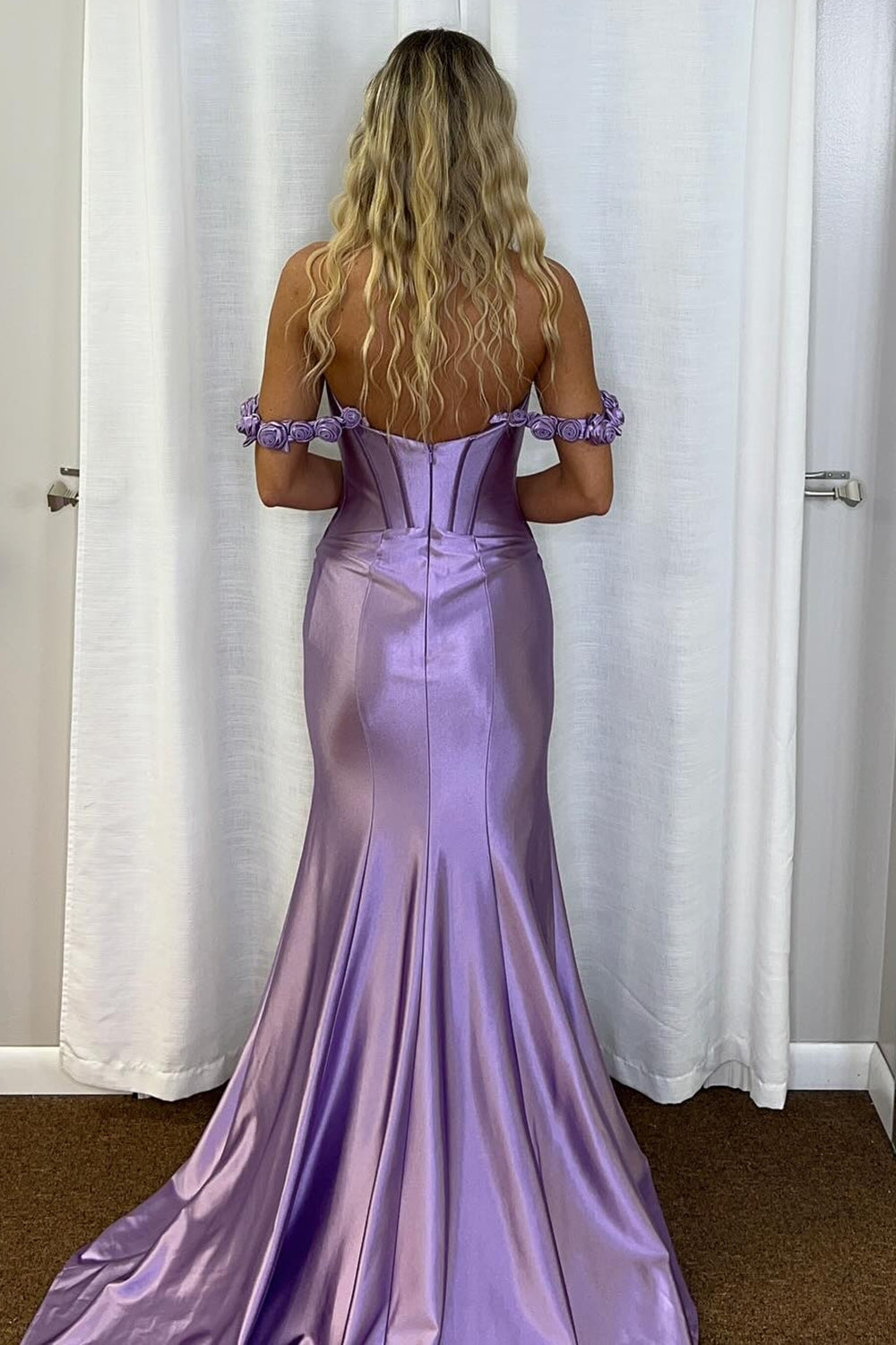 Trendy Lilac Off the Shoulder Satin Mermaid Long Corset Prom Dress