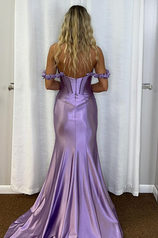Trendy Lilac Off the Shoulder Satin Mermaid Long Corset Prom Dress