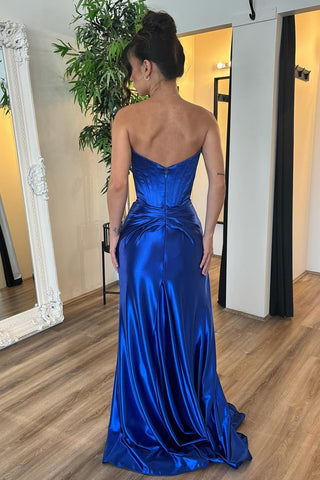 Royal Blue Satin Strapless Mermaid Long Corset Prom Dress with Slit