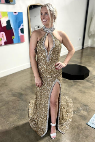 Sparkly Fuchsia Halter Neck Sequins Mermaid Cut-out Long Prom Dress with Slit