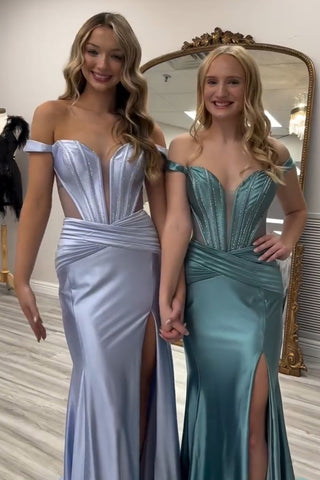 Grey Green Off the Shoulder Satin Mermaid Long Corset Prom Dress with Slit