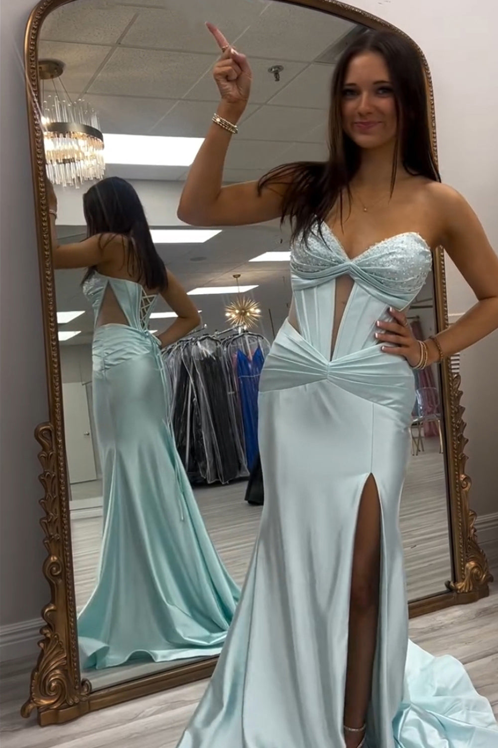 Light Green Sweetheart Satin Mermaid Long Corset Prom Dress with Slit