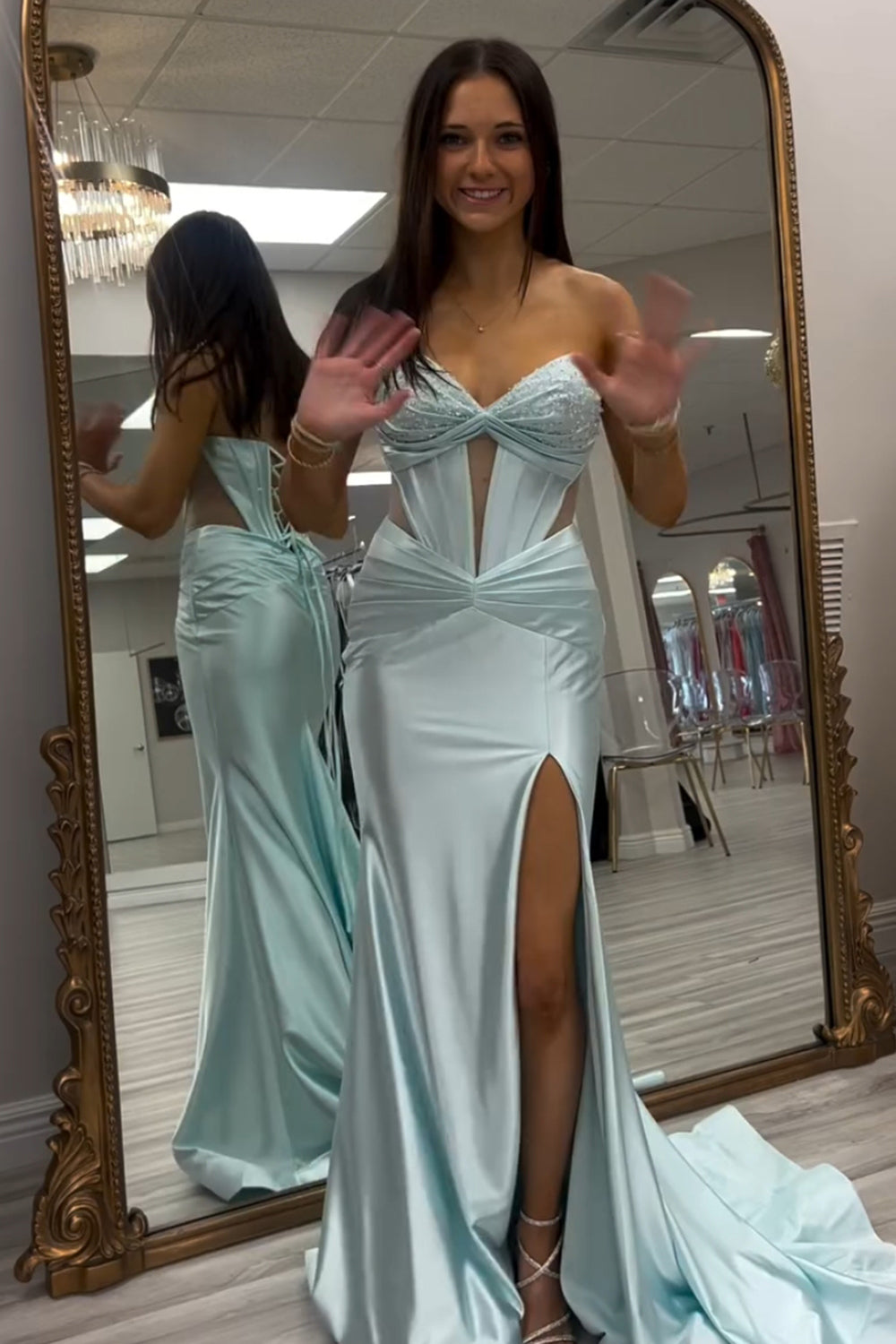 Light Green Sweetheart Satin Mermaid Long Corset Prom Dress with Slit