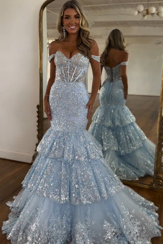 Light Blue Mermaid Off the Shoulder Tulle Tiered Long Corset Prom Dress with Sequins
