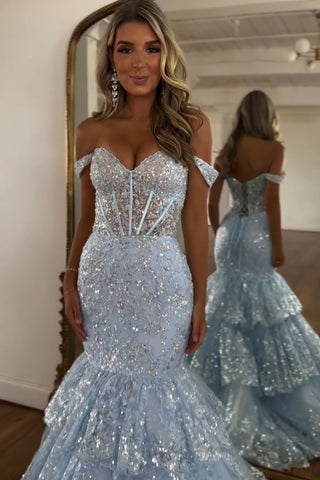 Light Blue Mermaid Off the Shoulder Tulle Tiered Long Corset Prom Dress with Sequins