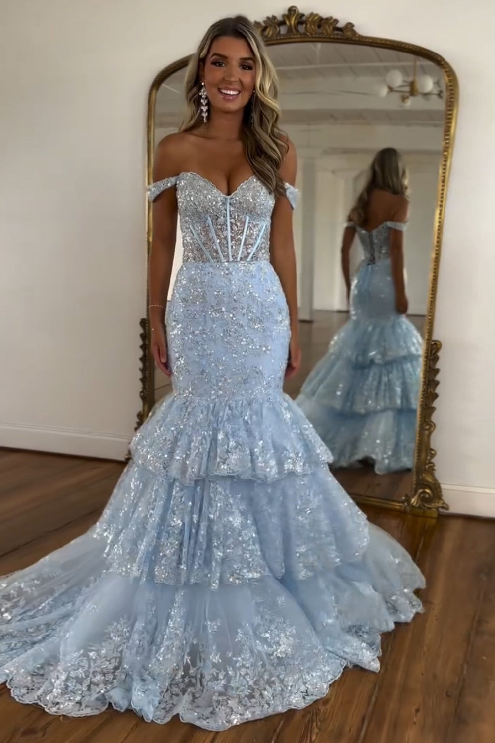 Light Blue Mermaid Off the Shoulder Tulle Tiered Long Corset Prom Dress with Sequins