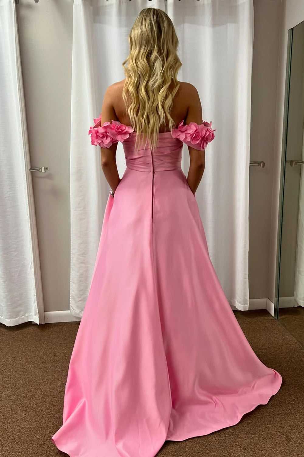Blush Off the Shoulder Satin A-Line Long Prom Dress with 3D Flowers