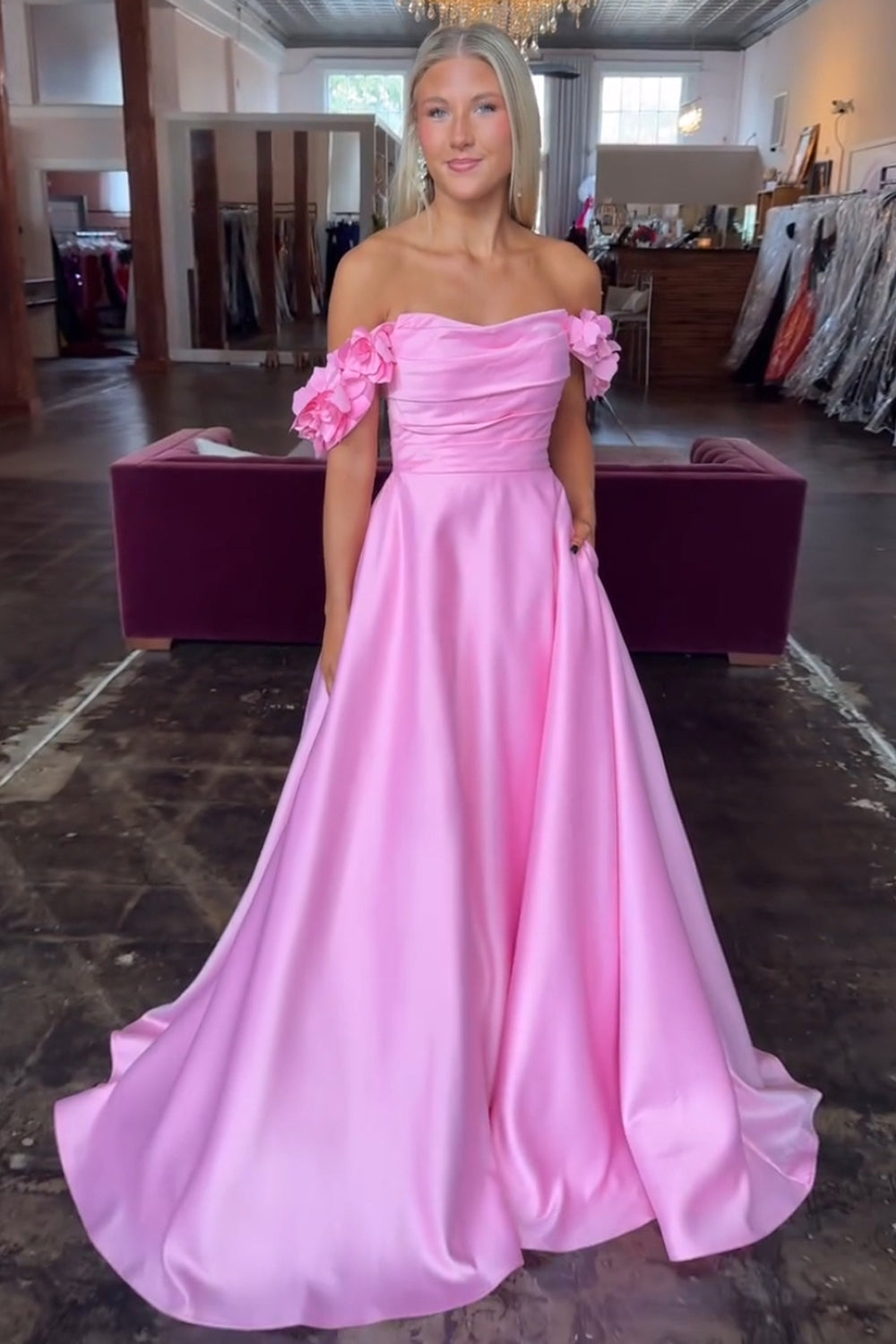 Blush Off the Shoulder Satin A-Line Long Prom Dress with 3D Flowers