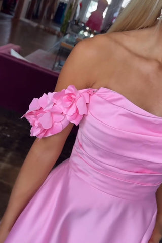 Blush Off the Shoulder Satin A-Line Long Prom Dress with 3D Flowers