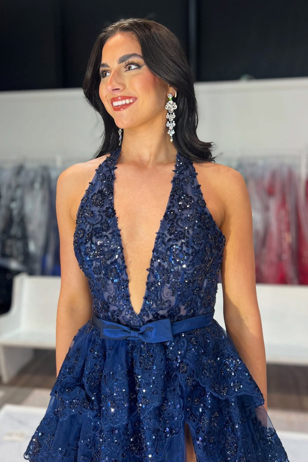 Navy Halter Neck Applique Tulle Tiered A-Line Long Prom Dress with Sequins