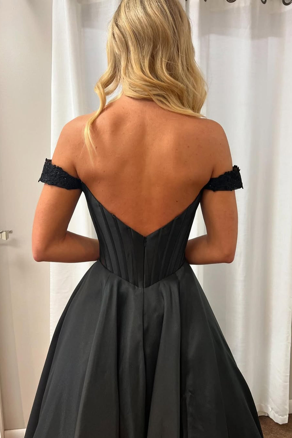 Black Off the Shoulder Princess Satin Long Corset Prom Dress with Beading