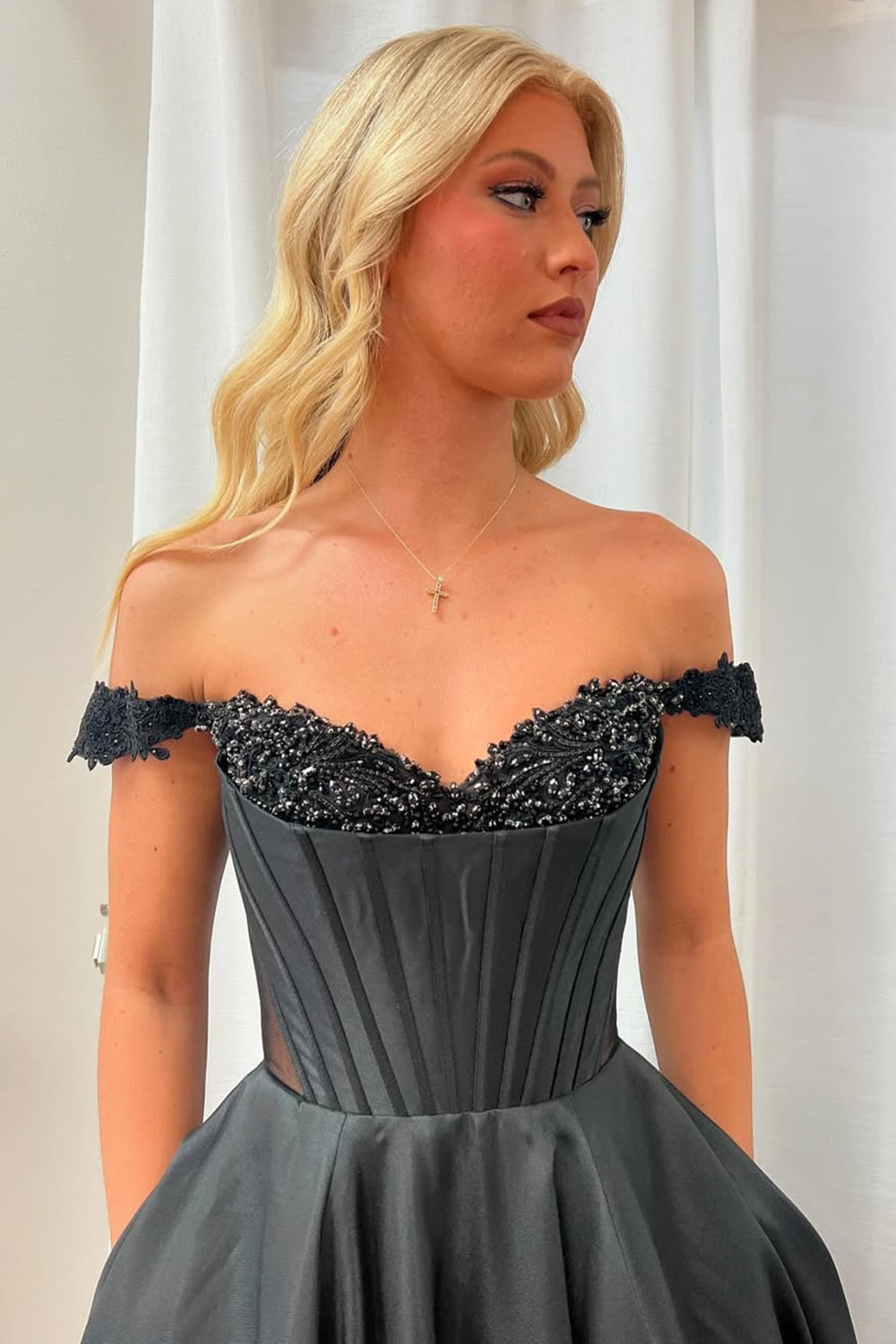 Black Off the Shoulder Princess Satin Long Corset Prom Dress with Beading