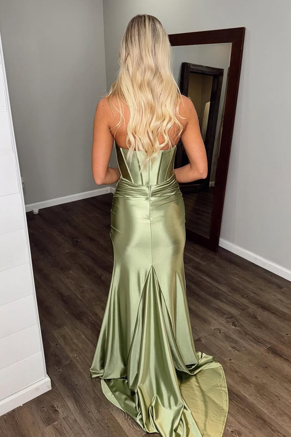 Sage Green Sweetheart Satin Mermaid Long Corset Prom Dress with Slit