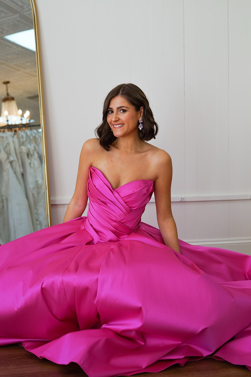 Fuchsia Princess Sweetheart Satin Ruched Long Prom Dress 