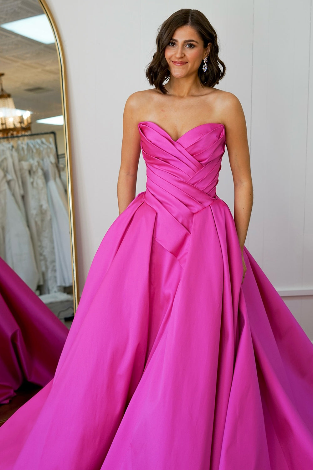 Fuchsia Princess Sweetheart Satin Ruched Long Prom Dress 