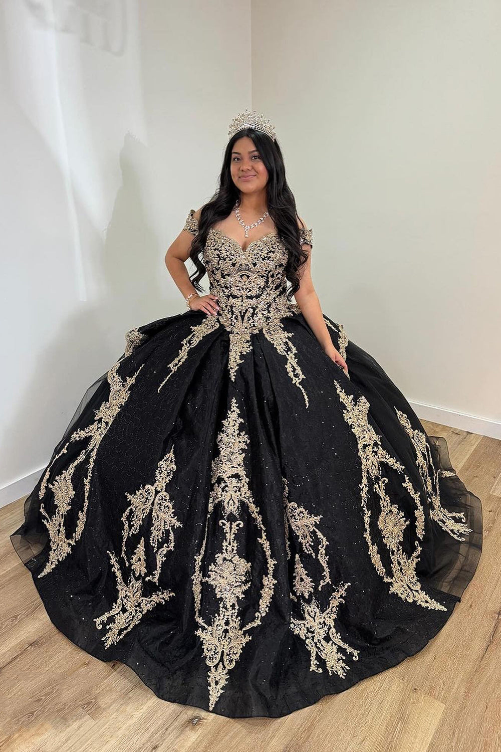 Black Golden Off the Shoulder Appliques Ball Gown Quinceanera Dress with Sequin