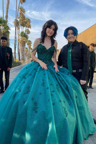 Sparkly Dark Green Spaghetti Straps Appliques Ball Gown Quinceanera Dress