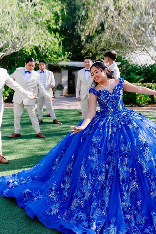 Royal Blue Spaghetti Straps Appliques Princess Quinceanera Dress with 3D Flowers