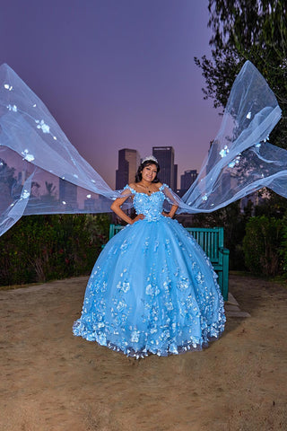 Blue Off the Shoulder Ball Gown Appliqued Quinceanera Dress with 3D Flowers
