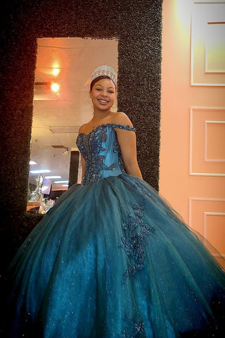 Peacock Blue Off the Shoulder Princess Appliqued Quinceanera Dress with Sequin