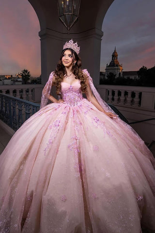 Blush Champagne Spaghetti Straps Caped Tulle Quinceanera Dress with Appliques