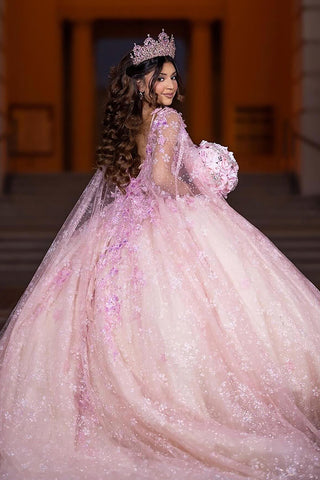 Blush Champagne Spaghetti Straps Caped Tulle Quinceanera Dress with Appliques
