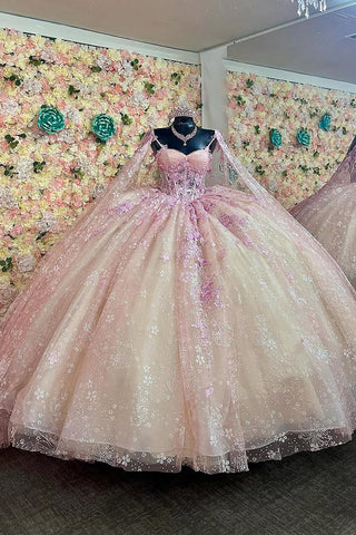 Blush Champagne Spaghetti Straps Caped Tulle Quinceanera Dress with Appliques
