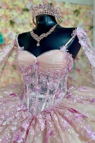 Blush Champagne Spaghetti Straps Caped Tulle Quinceanera Dress with Appliques