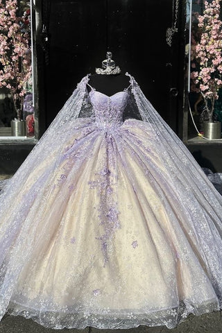 Blush Champagne Spaghetti Straps Caped Tulle Quinceanera Dress with Appliques