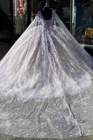 Blush Champagne Spaghetti Straps Caped Tulle Quinceanera Dress with Appliques