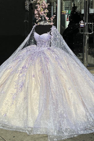 Blush Champagne Spaghetti Straps Caped Tulle Quinceanera Dress with Appliques
