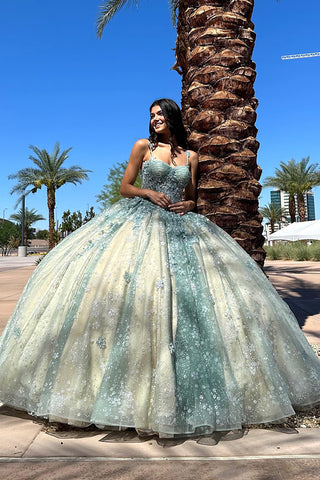 Blush Champagne Spaghetti Straps Caped Tulle Quinceanera Dress with Appliques