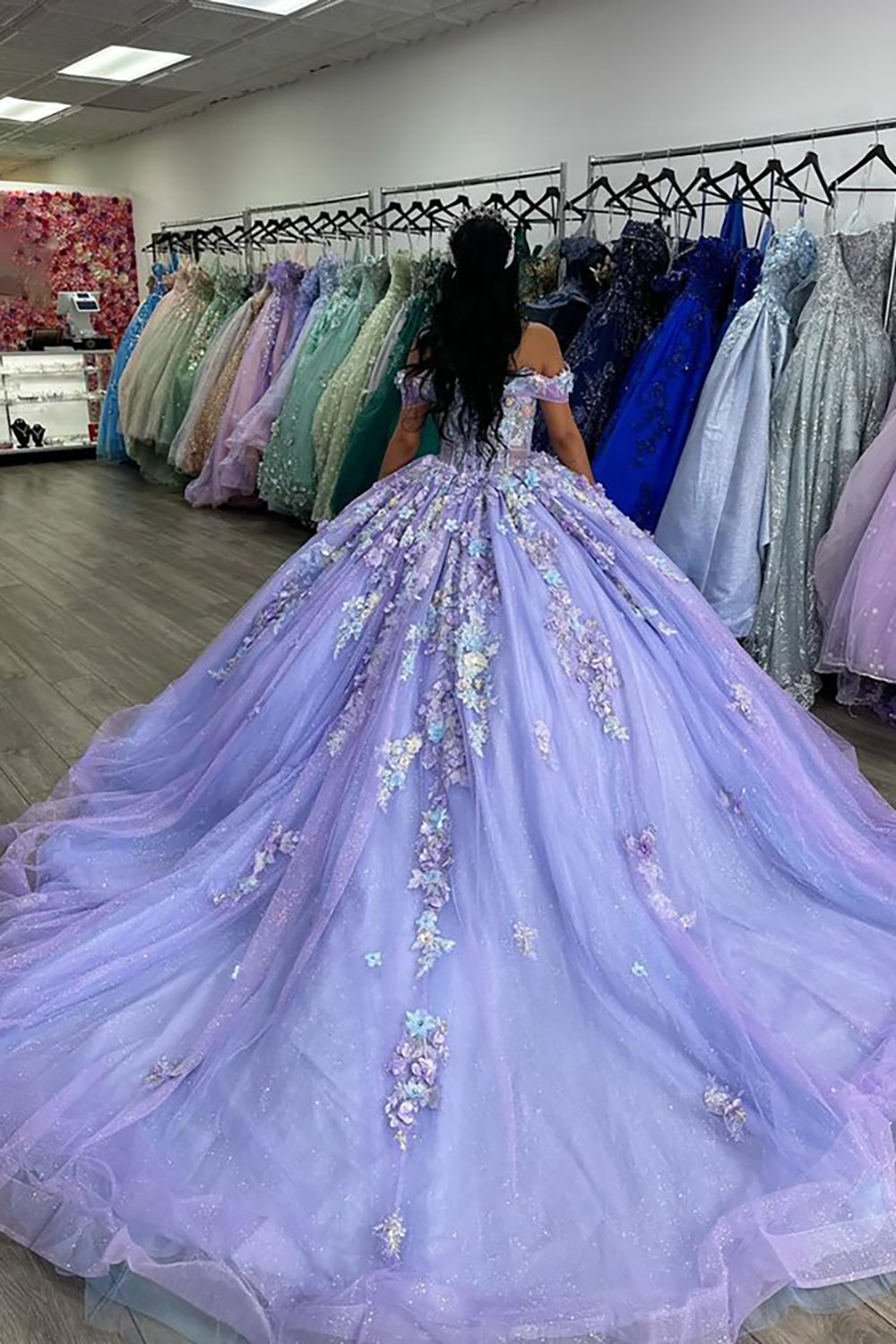 Sparkly Lavender Rose Off the Shoulder Ball Gown Quinceanera Dress with Appliques