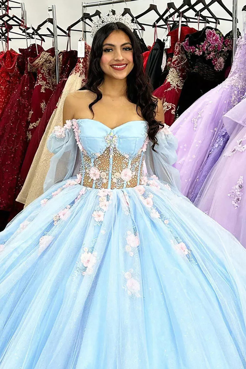 Sky Blue Princess Off the Shoulder Long Sleeves Quinceanera Dress with Appliques