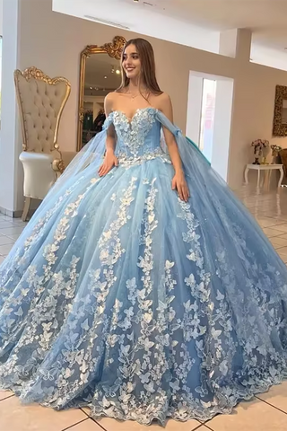 Sky Blue Tulle Ball Gown Off the Shoulder Quinceanera Dress with Appliques