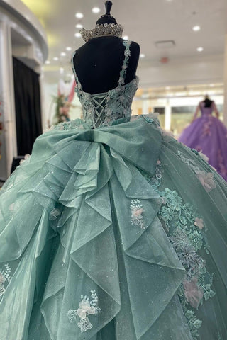 Sage Green Sweetheart Tulle Ball Gown Quinceanera Dress with Appliques