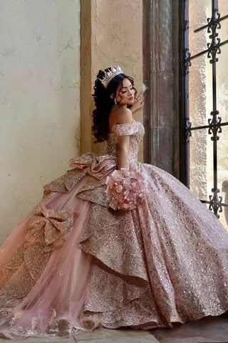Sparkly Dusty Rose Sequins Off the Shoulder Ball Gown Quinceanera Dress with Beading