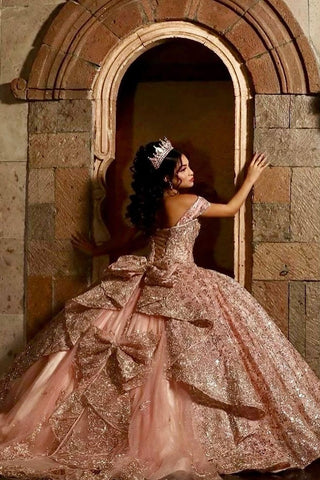 Sparkly Dusty Rose Sequins Off the Shoulder Ball Gown Quinceanera Dress with Beading