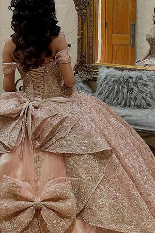 Sparkly Dusty Rose Sequins Off the Shoulder Ball Gown Quinceanera Dress with Beading