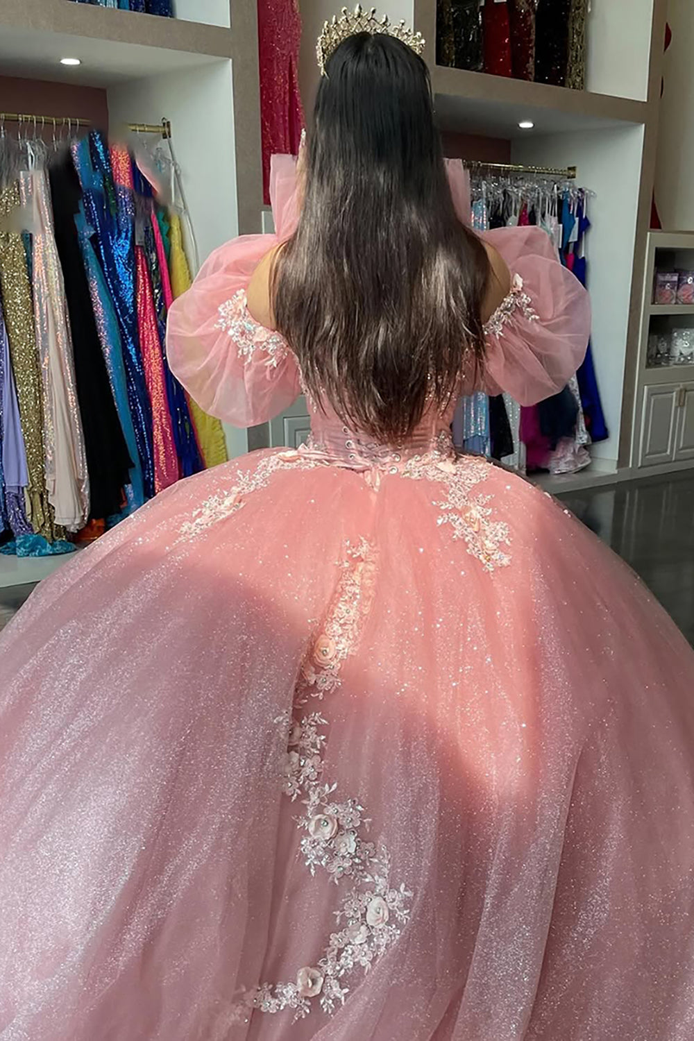 Blush Pink Off the Shoulder Long Sleeves Ball Gown Tulle Applique Quinceanera Dress