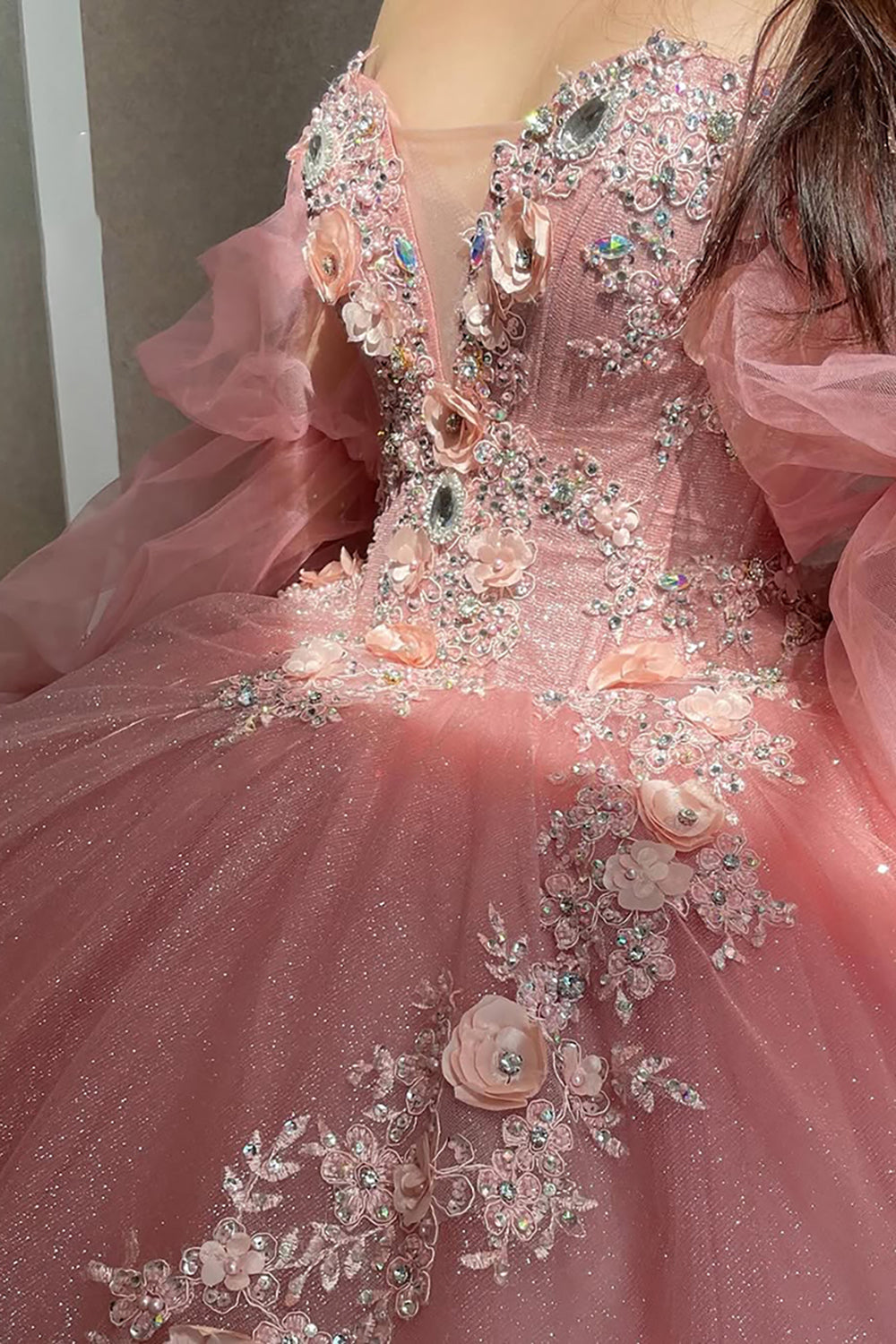 Blush Pink Off the Shoulder Long Sleeves Ball Gown Tulle Applique Quinceanera Dress