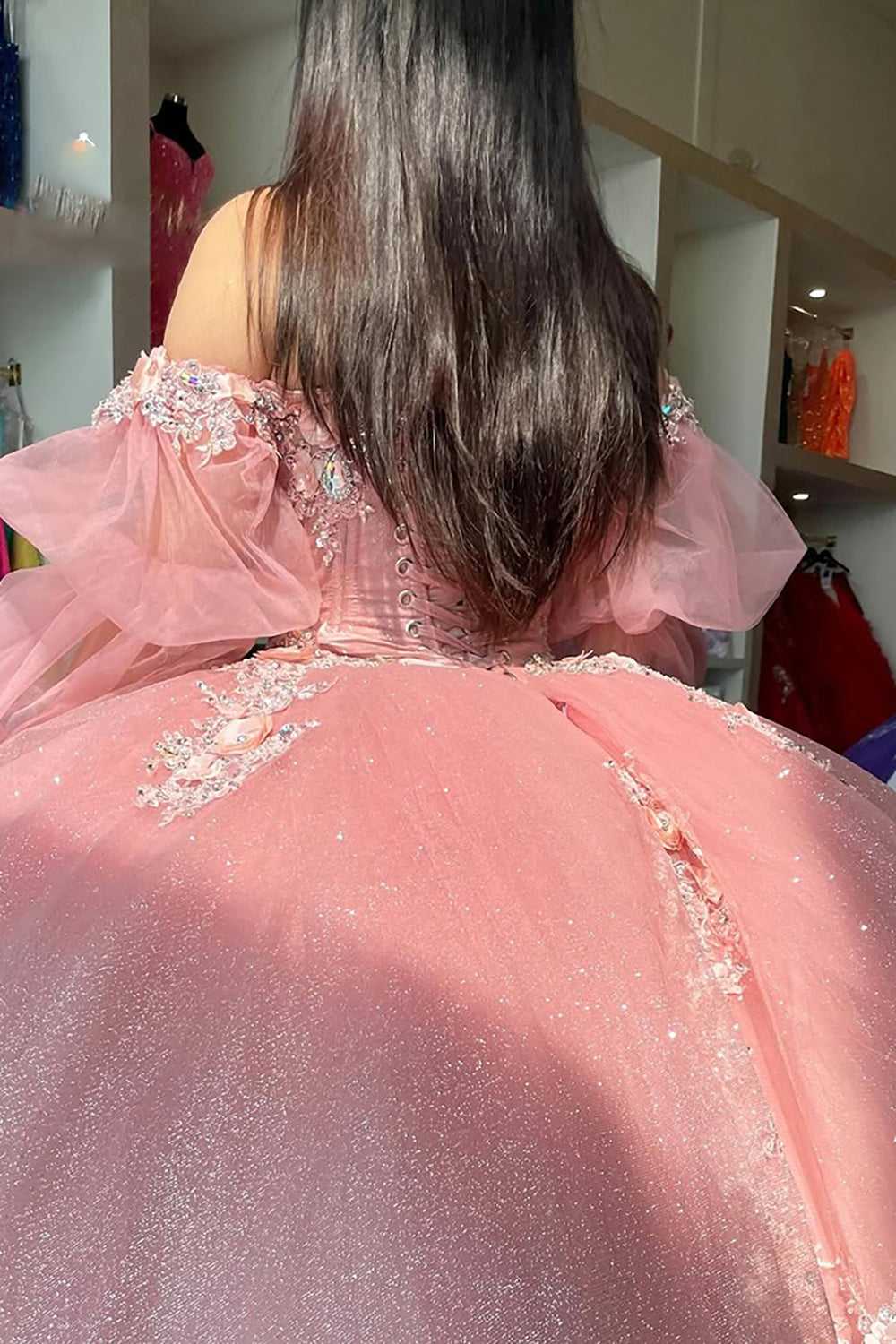 Blush Pink Off the Shoulder Long Sleeves Ball Gown Tulle Applique Quinceanera Dress