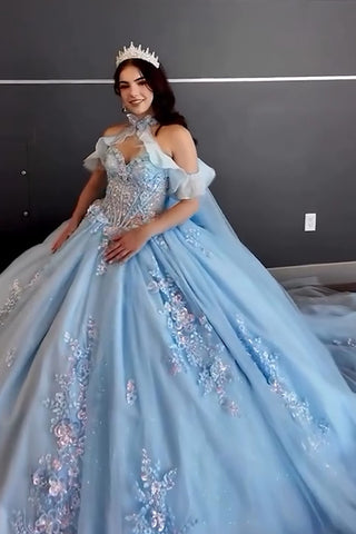 Sky Blue Sweetheart Tulle Ball Gown Applique Quinceanera Dress with Beading