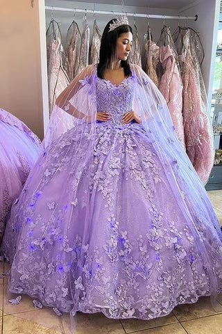Lilac Ball Gown Spaghetti Straps Caped Tulle Quinceanera Dress with Appliques