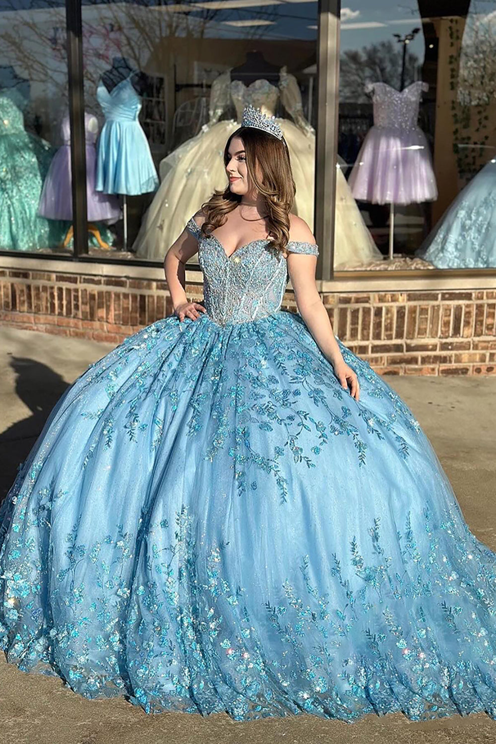 Blue Ball Gown Off the Shoulder Tulle Corset Quinceanera Dress with Appliques