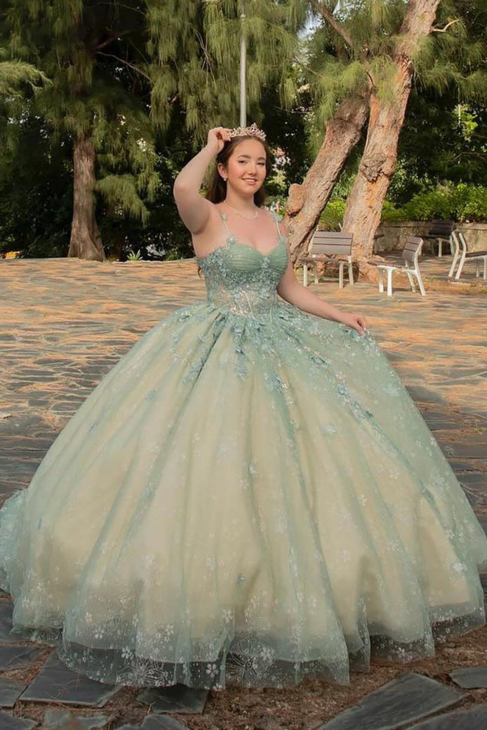 Dusty Sage Tulle Spaghetti Straps Corset Quinceanera Dress with Appliques
