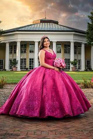 Fuchsia Spaghetti Straps Ball Gown Quinceanera Dress with Appliques